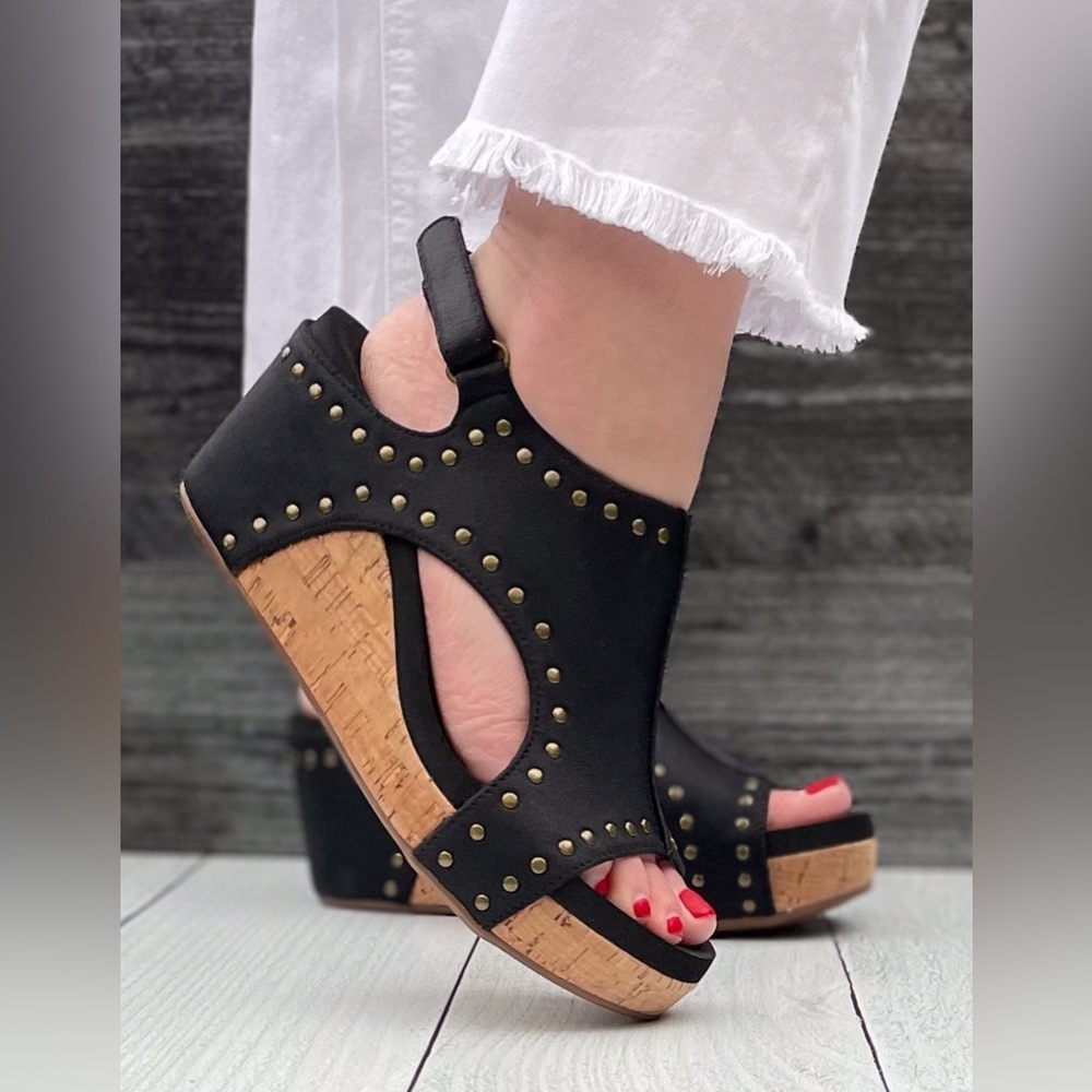 Corkys Footwear Carley Wedge Sandal Black Oil PU with Studs is a closet staple - Picture 3 of 11